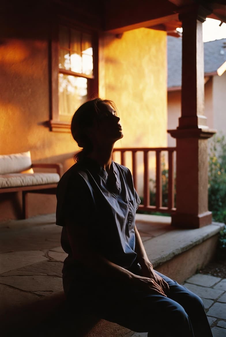 A nurse resting on a porch in golden-hour light