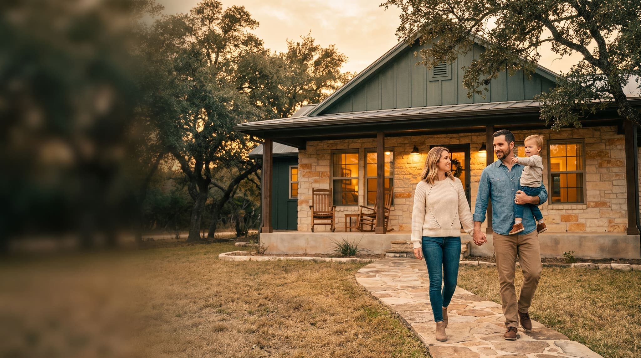 Concept image: a family walking up the path to a warmly lit vacation rental at golden hour