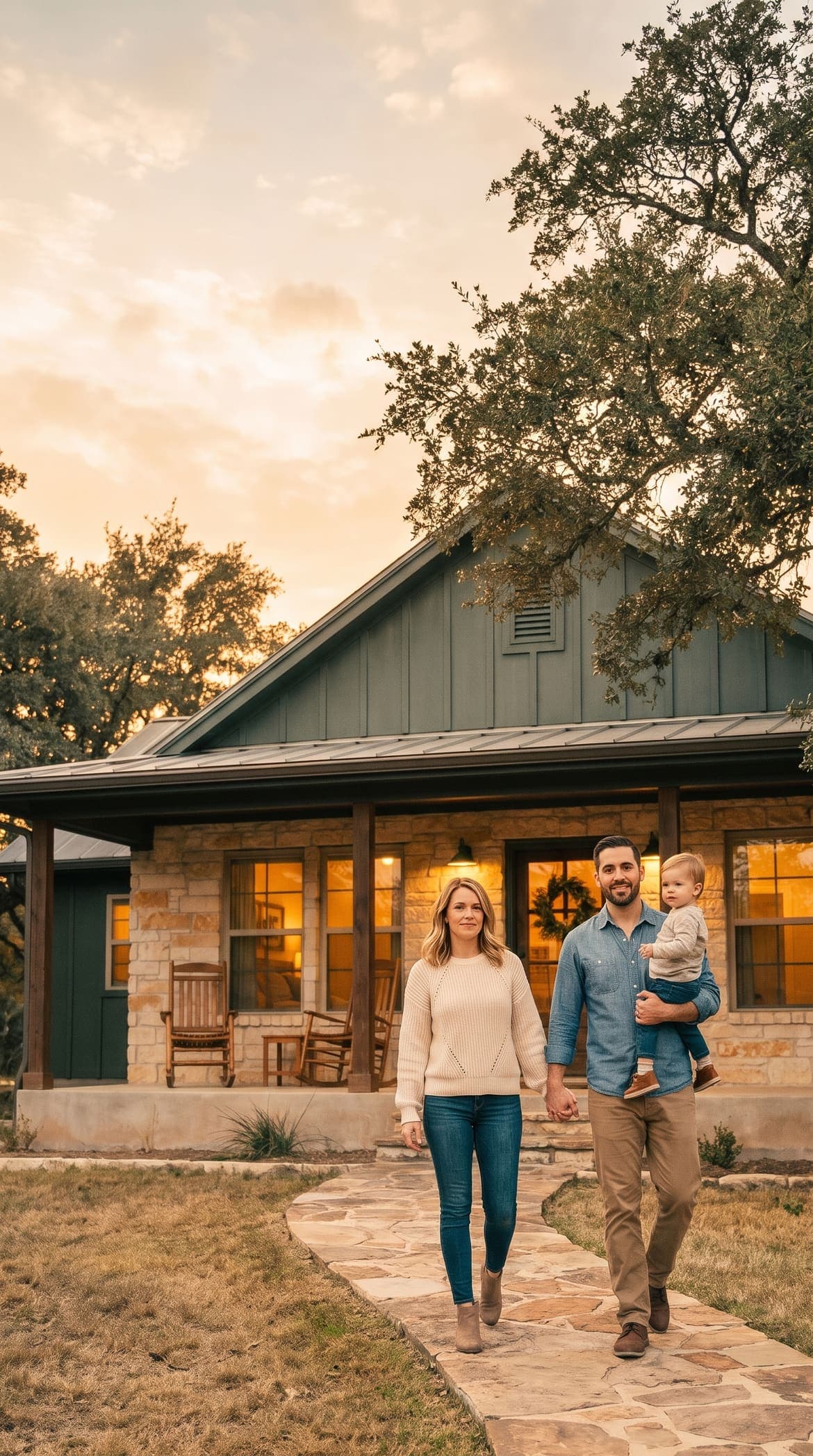 Concept image: a family walking up the path to a warmly lit vacation rental at golden hour